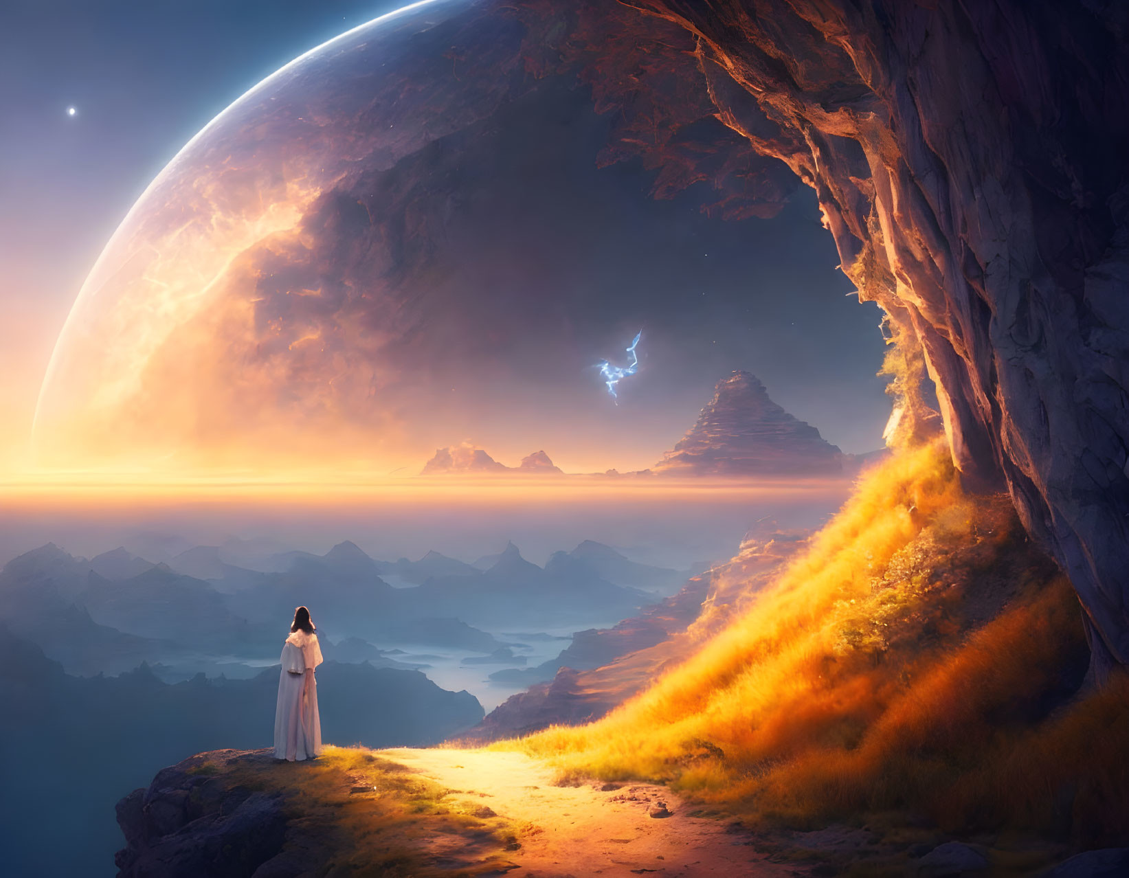 Person in robe on mountain ledge at sunset with large rising planet