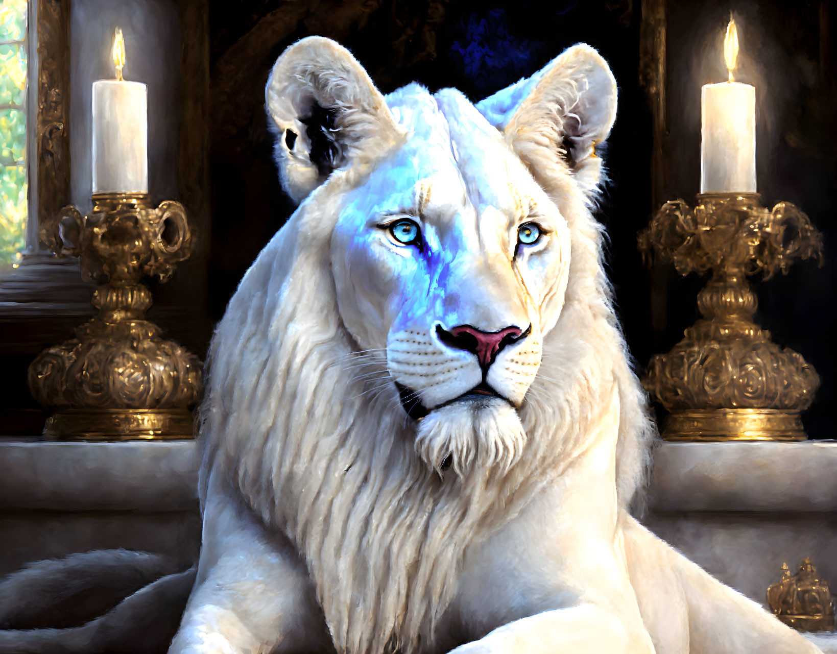 Regal white lion with blue eyes in candlelit chamber