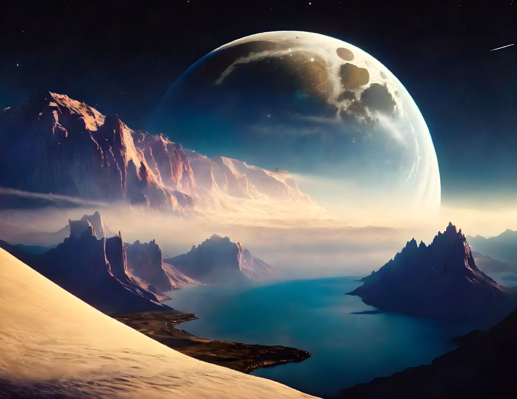 Extraterrestrial landscape with mountains, lake, moon, and shooting star