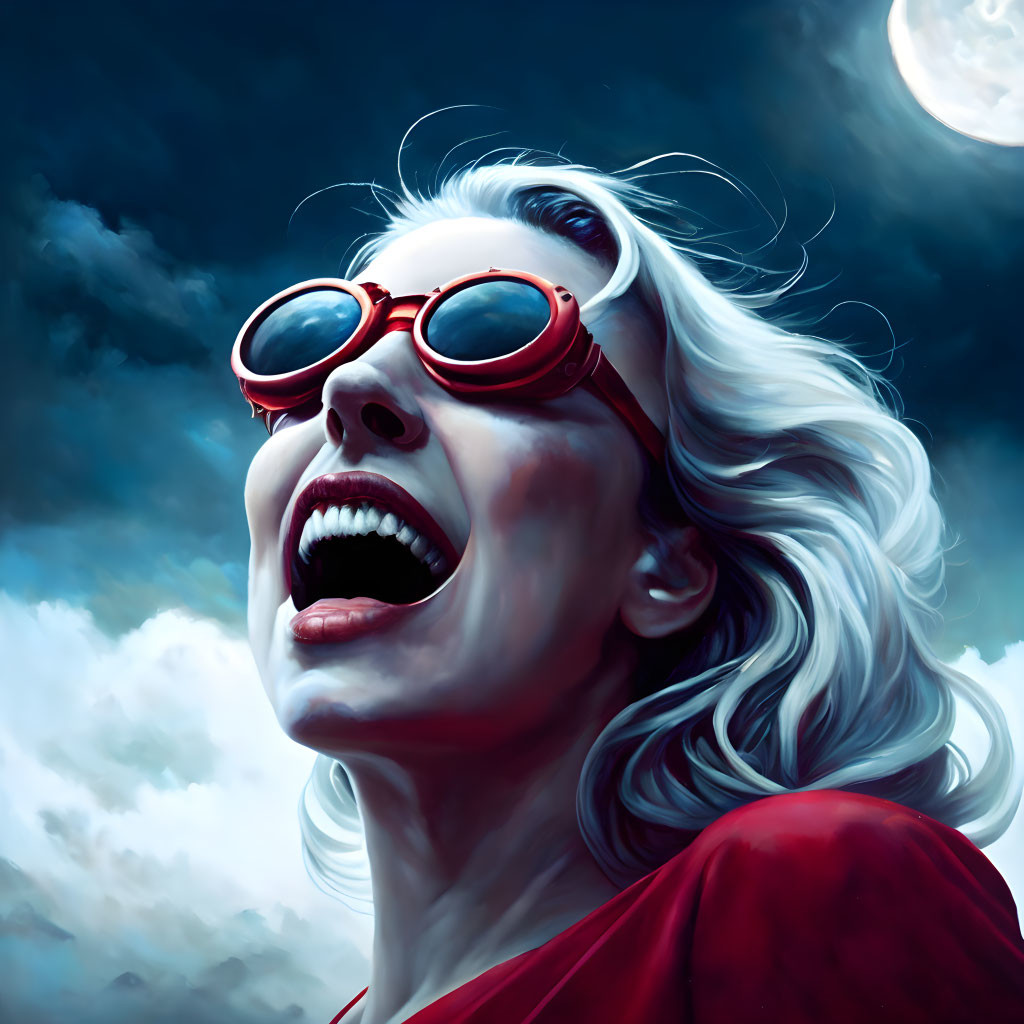 Blonde woman in red sunglasses under moonlit sky