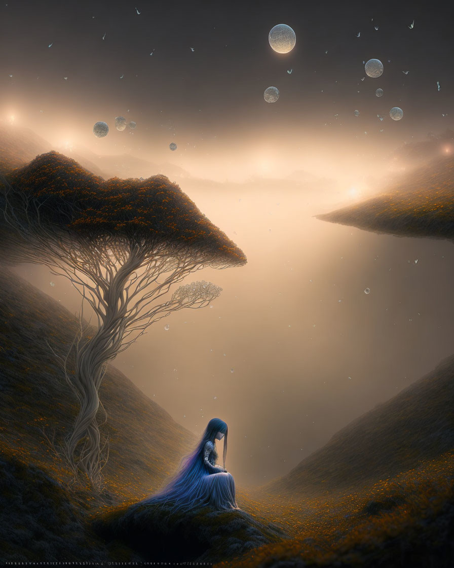 Woman admiring surreal nightscape with multiple moons and floating islands.