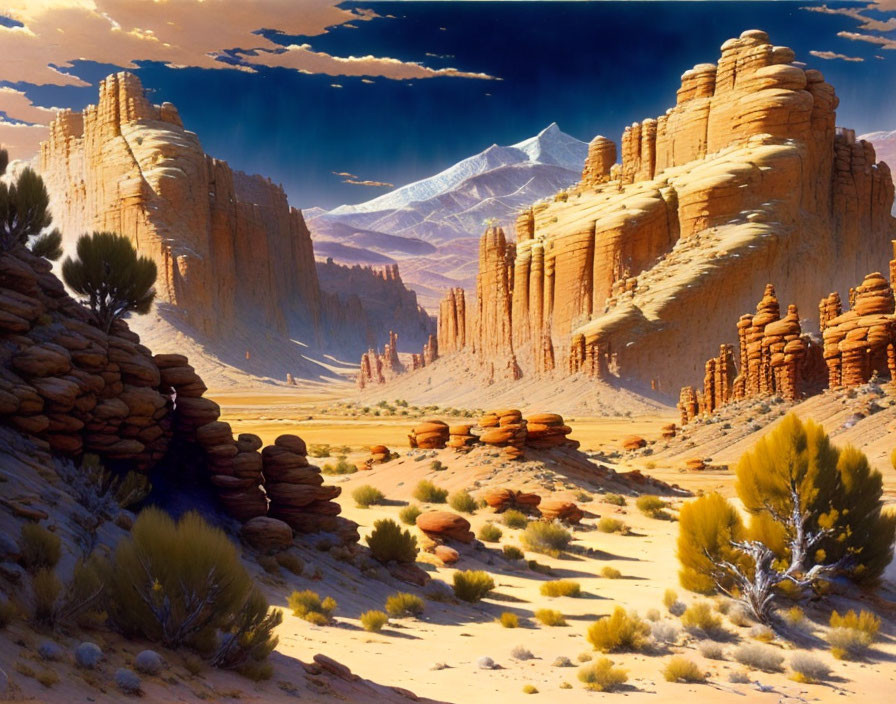 Majestic desert landscape with sandstone formations, lush vegetation, and snow-capped mountains.