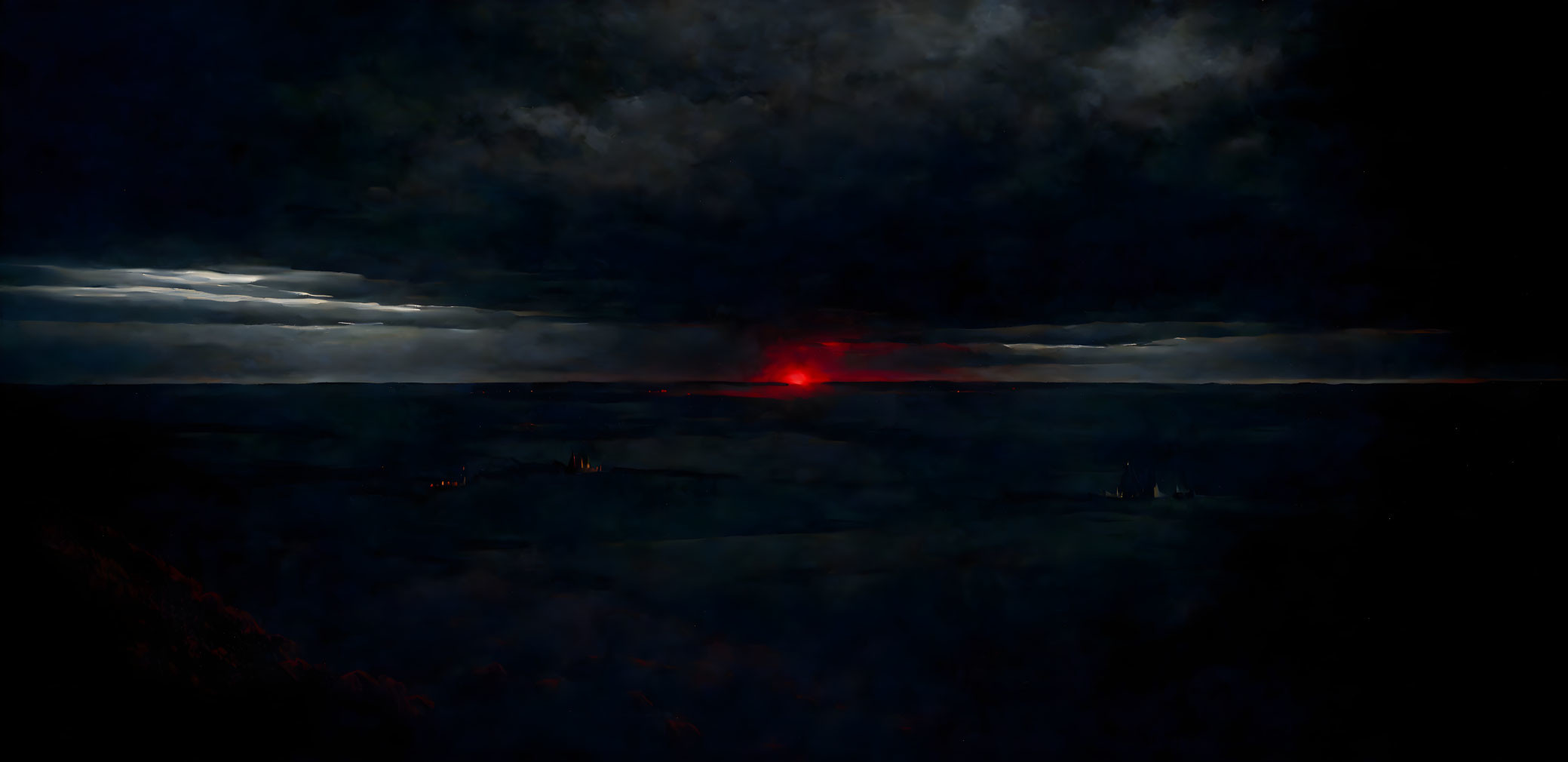 Dramatic dark landscape with red glow and storm clouds