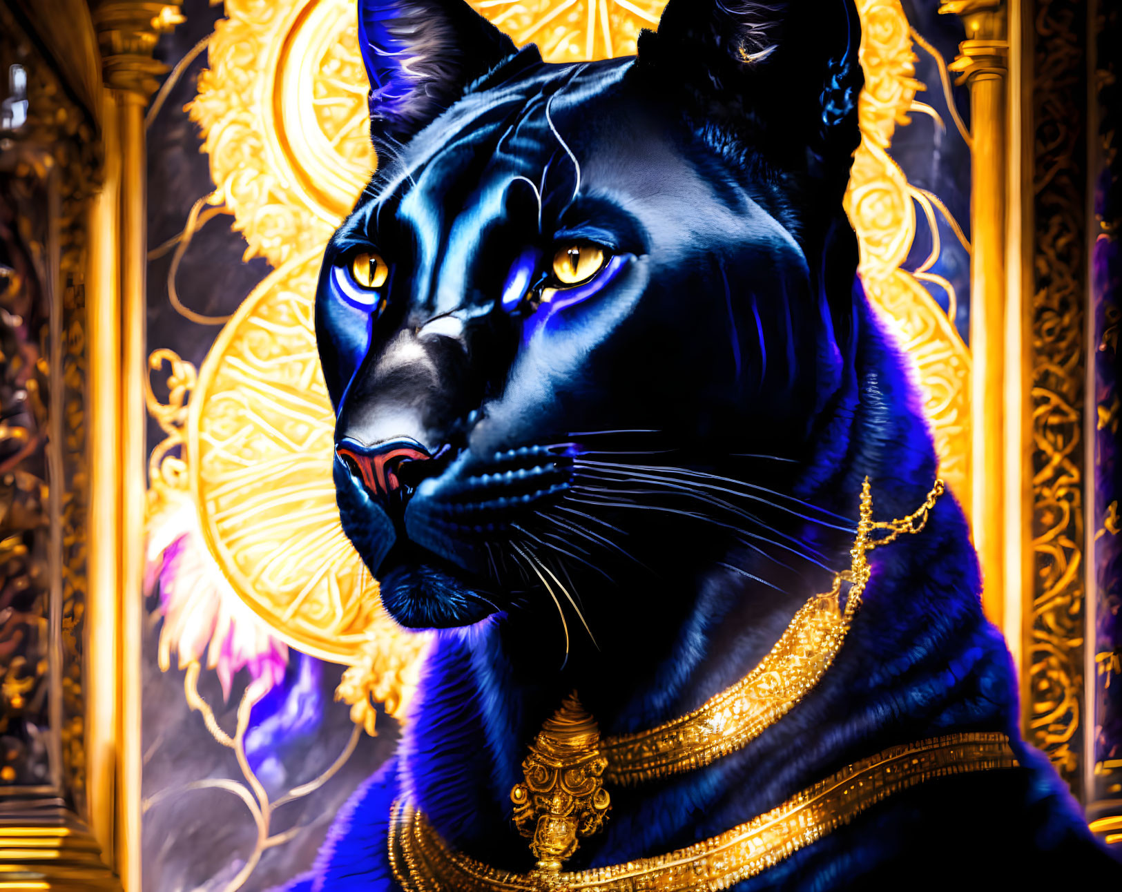 Stylized black panther with yellow eyes in golden floral backdrop