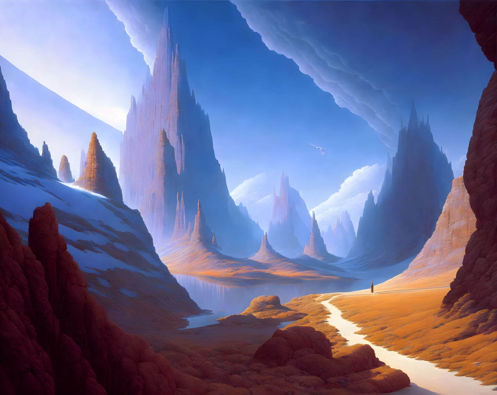 Fantasy landscape with towering spires, reflective river, winding path, orange terrain, and solitary figure