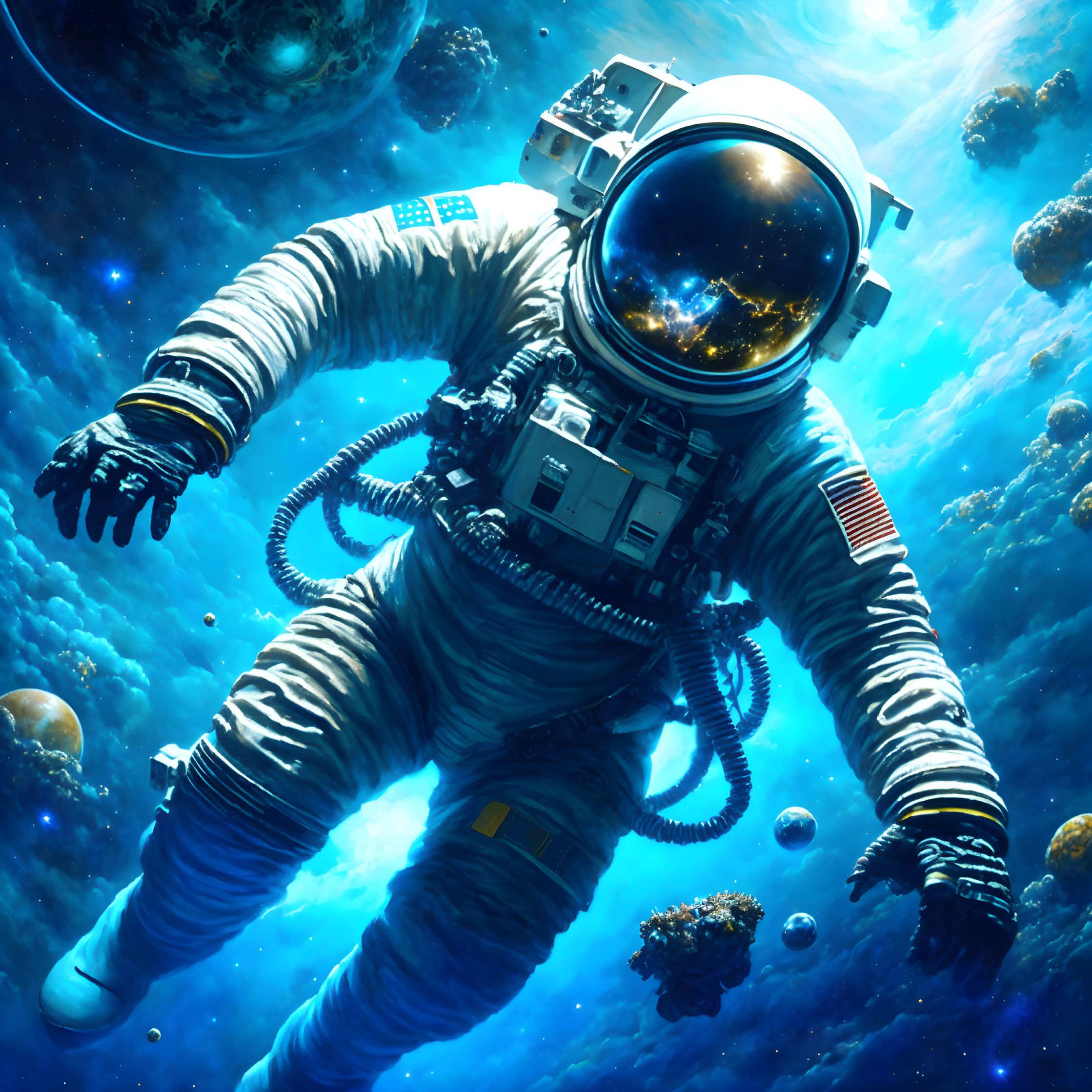 Astronaut floating in space with Earth reflection and stars.