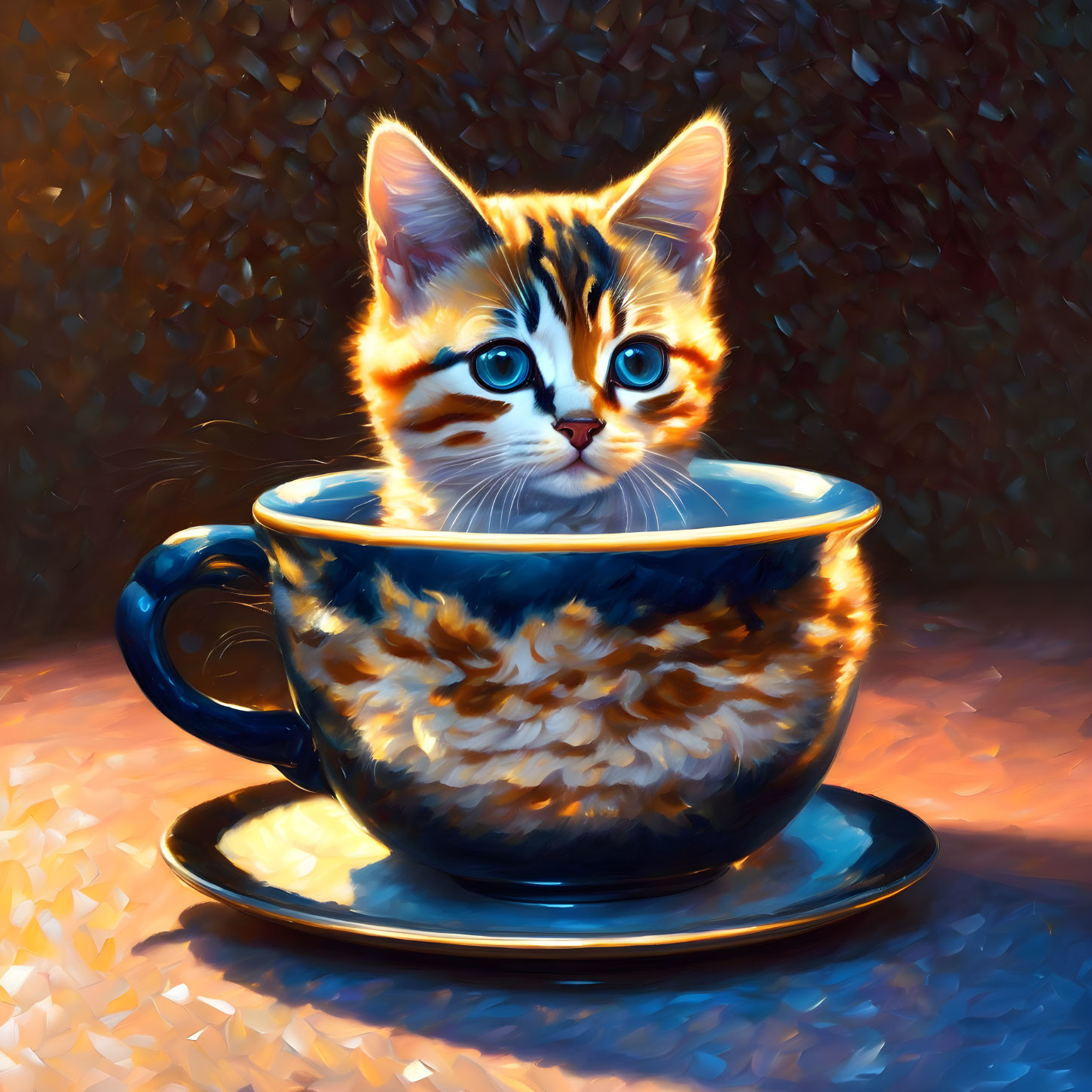 Tabby Kitten with Blue Eyes in Decorative Teacup