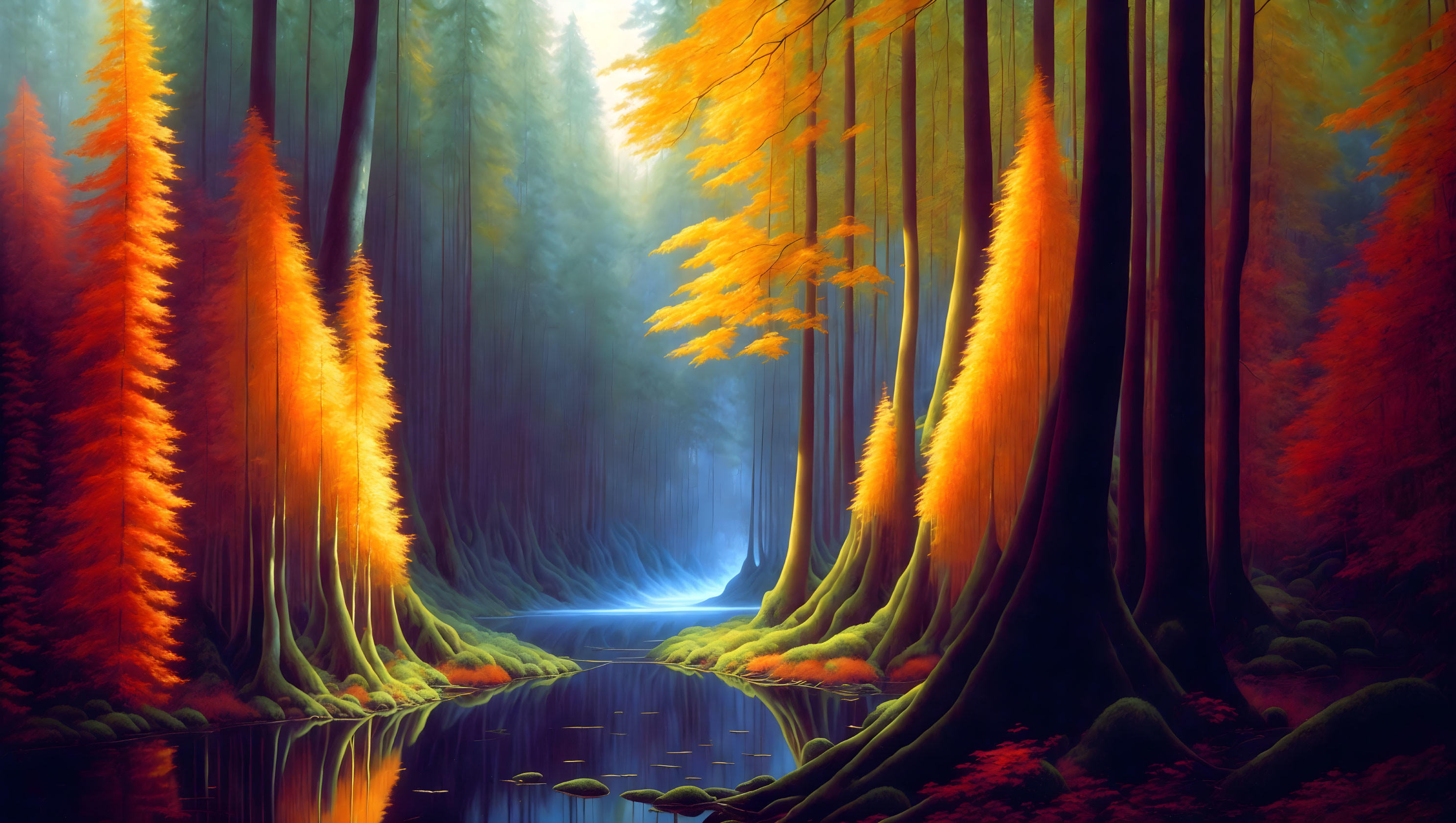 Mystical forest digital art: tall trees, serene river, warm foliage glow