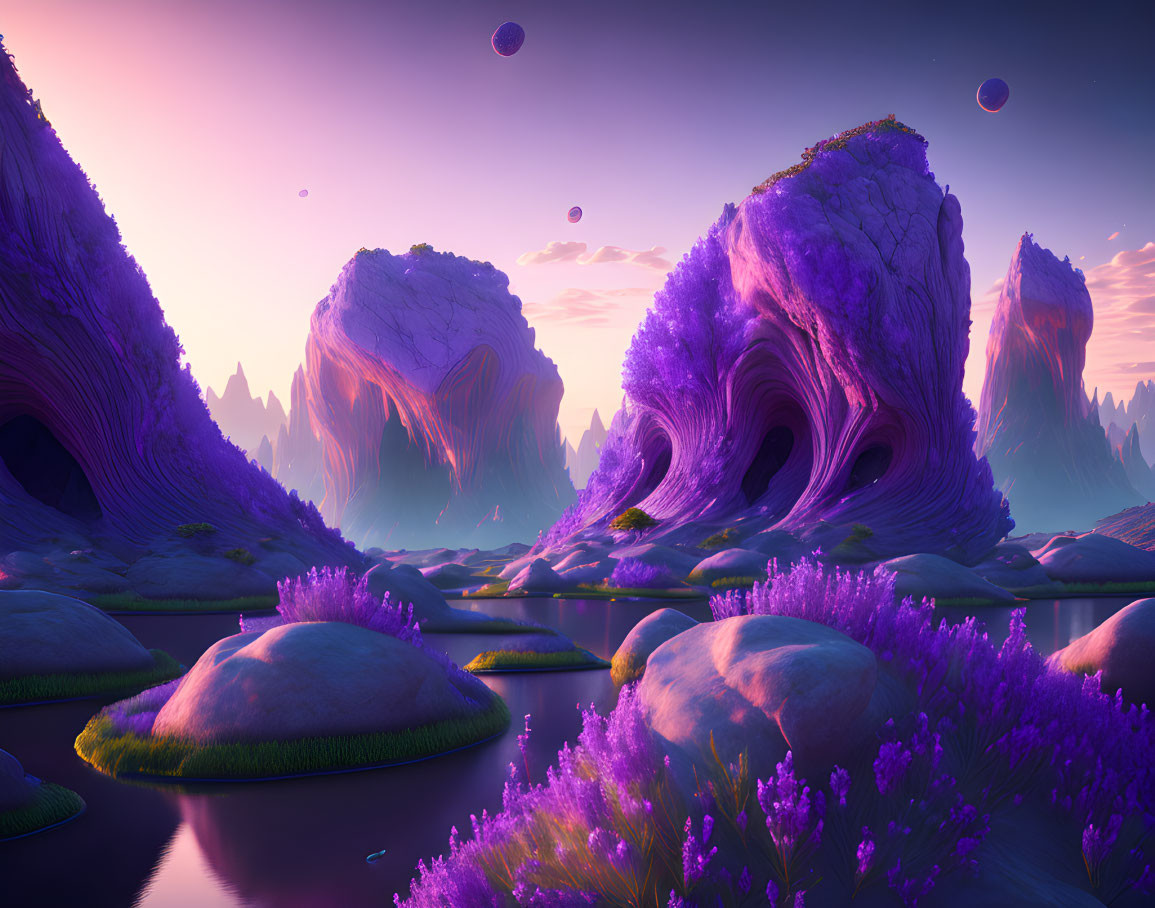 Vibrant purple and pink surreal landscape with twisted rock formations and floating orbs.