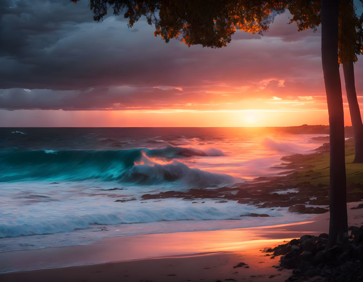 Tropical beach sunset with crashing waves and palm trees