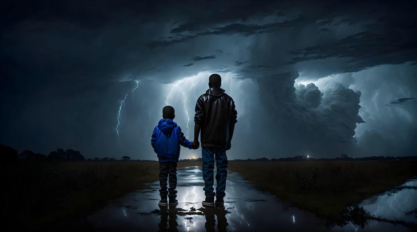 Two people watching thunderstorm on wet road at night