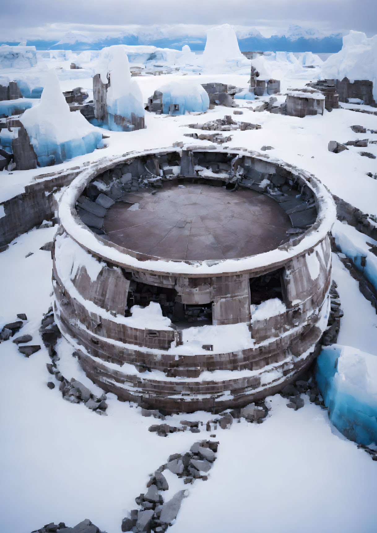 Circular stone structure in snowy landscape with icebergs