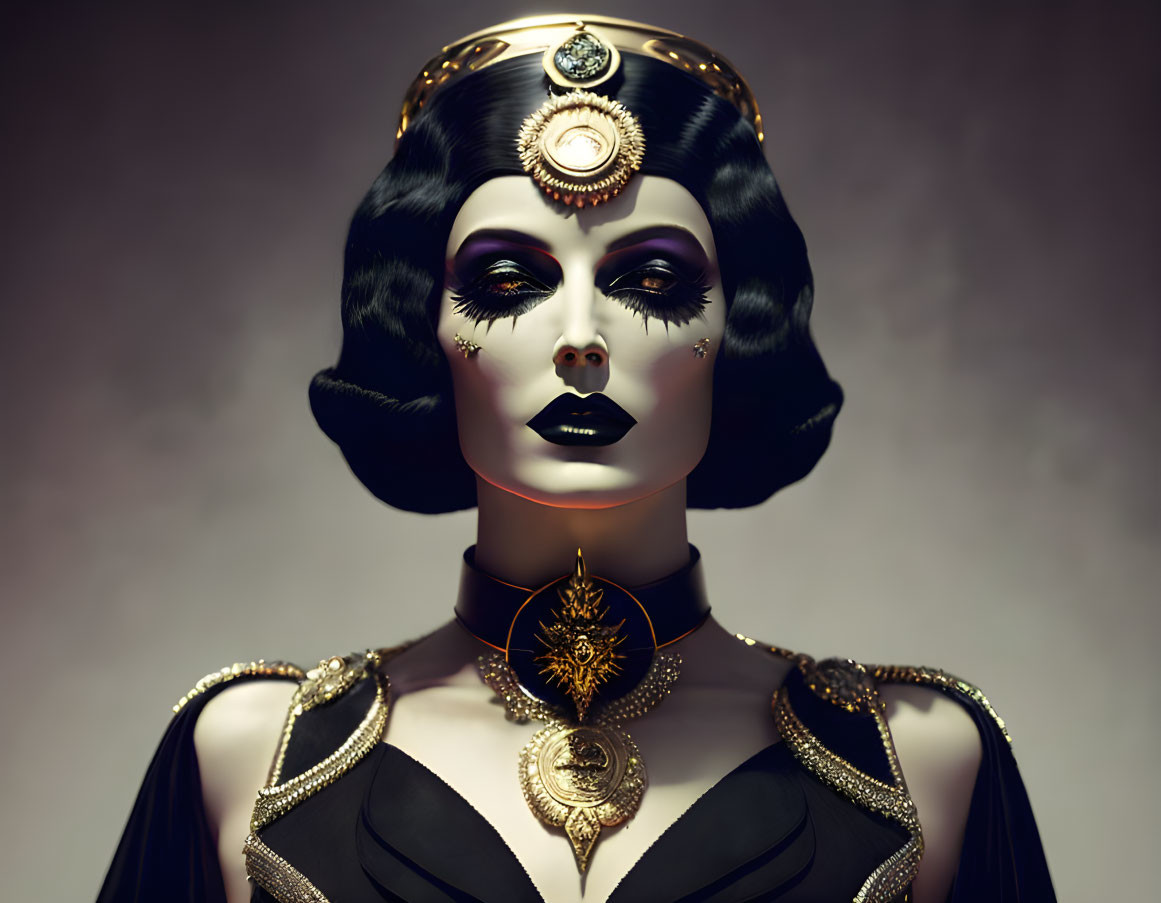 Female mannequin with Egyptian-inspired headdress, dark makeup, jeweled accessories.