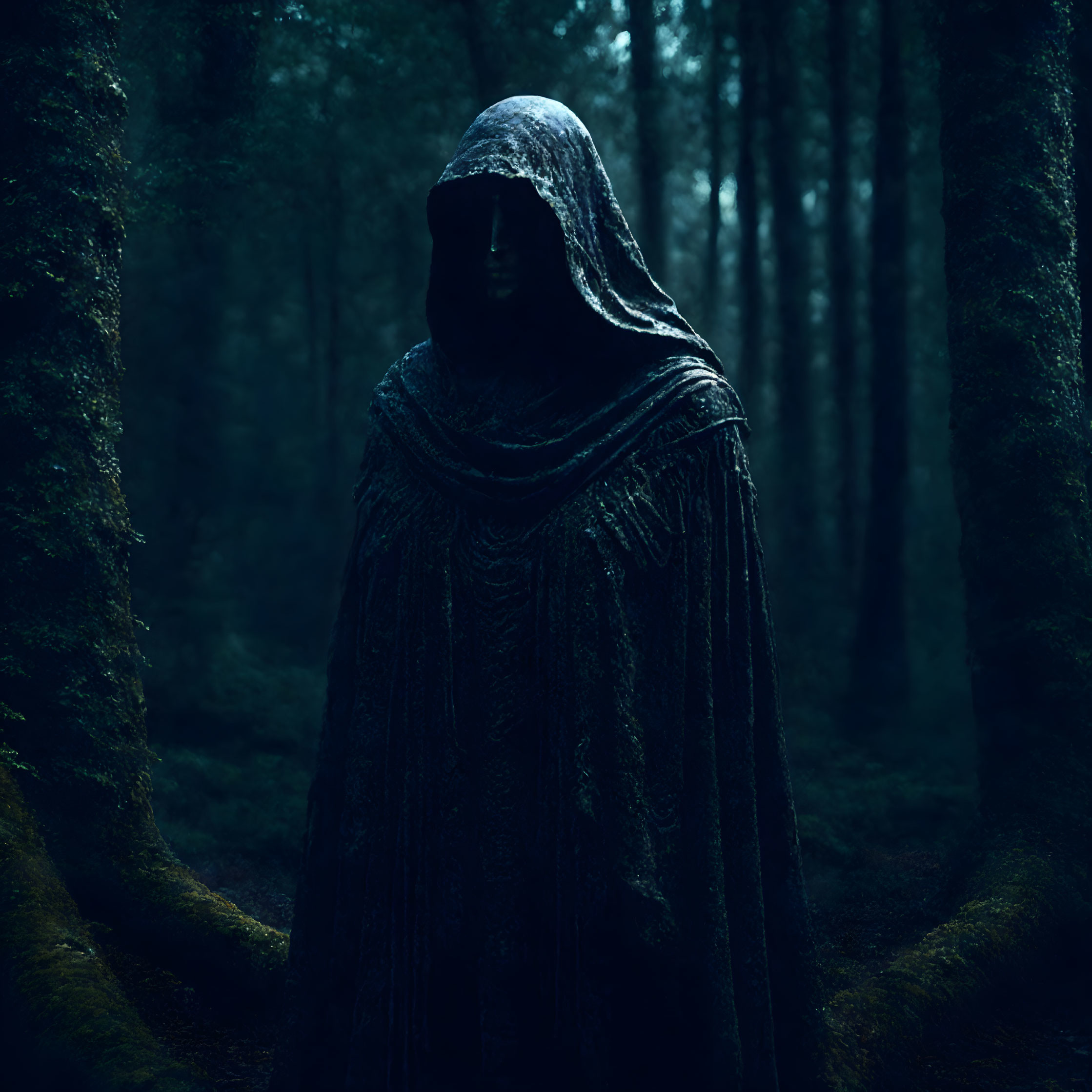 Mysterious cloaked figure in dark forest at twilight