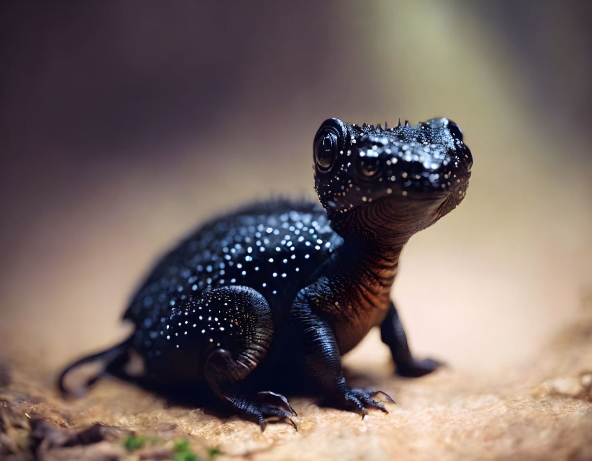 Black lizard with textured skin and white speckles on soft-focused background