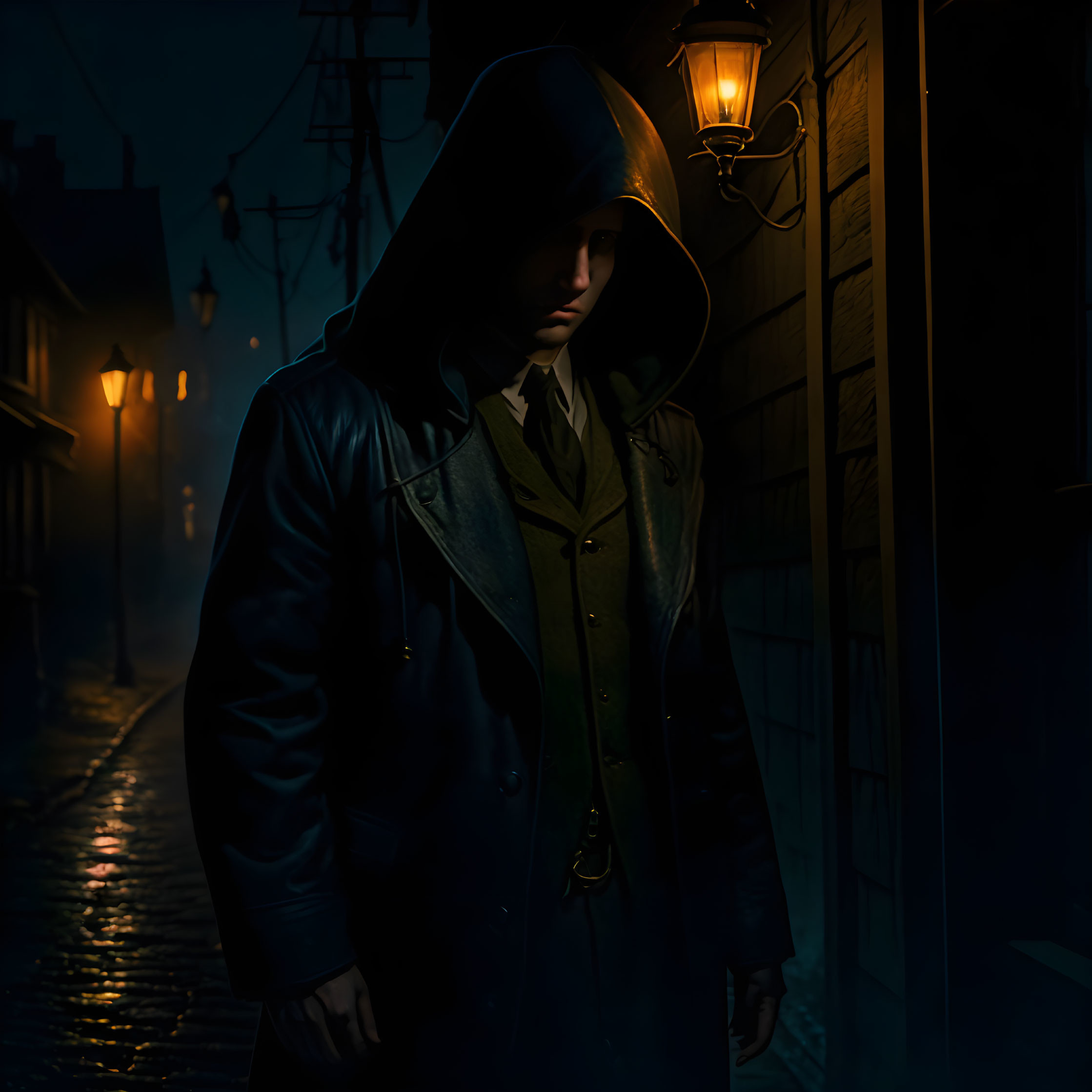 Person in hooded cloak and leather jacket on foggy, cobbled street at night