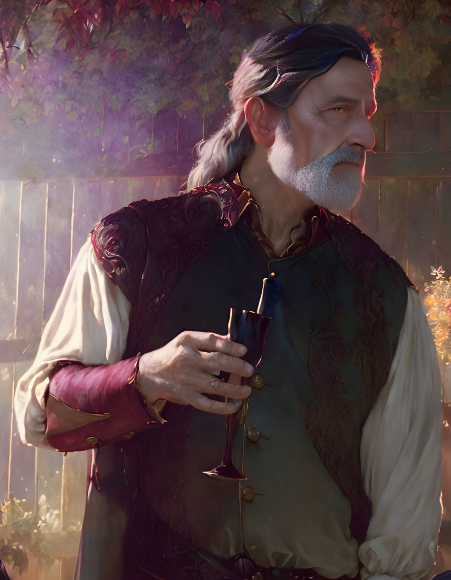 Elder man with grey hair and beard holding wine glass in vineyard setting