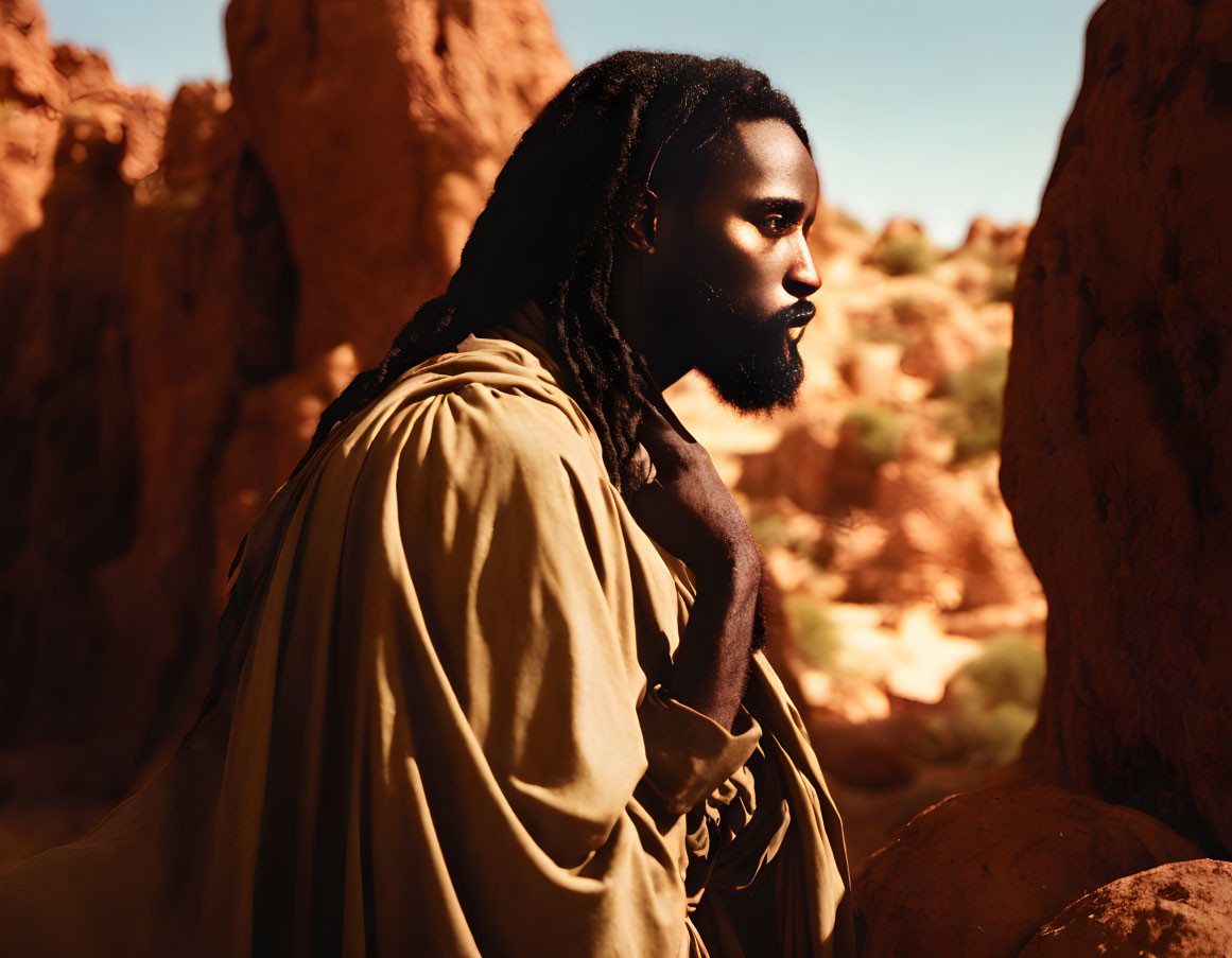 Man with dreadlocks in beige cloak standing in rocky desert