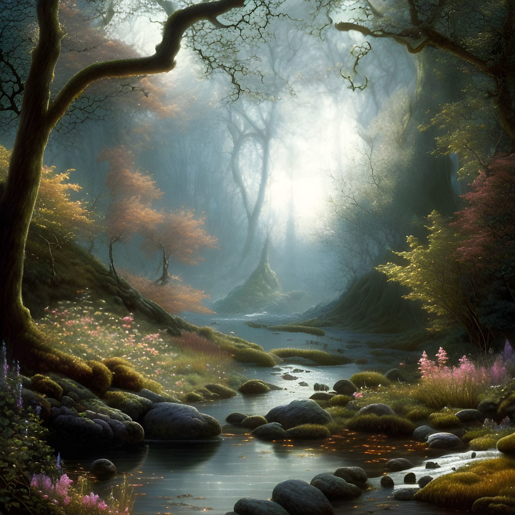 Tranquil forest scene with meandering stream and lush flora