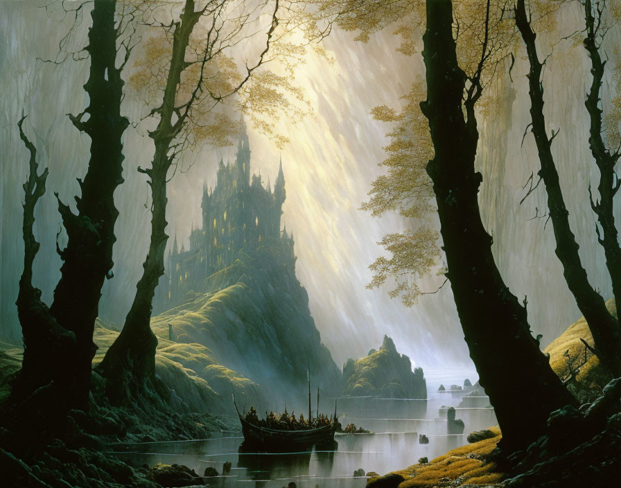 Mystical landscape with silhouetted trees, river boat, dramatic lighting, and castle.