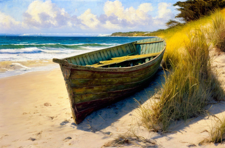 Weathered wooden boat on sandy beach with dune grass and blue skies