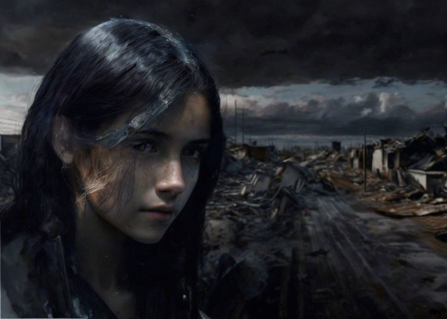 Contemplative young woman against stormy skies and devastated landscape