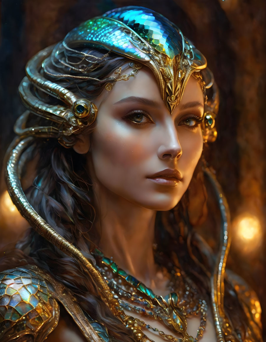 Woman portrait in golden armor and headdress with gemstone.