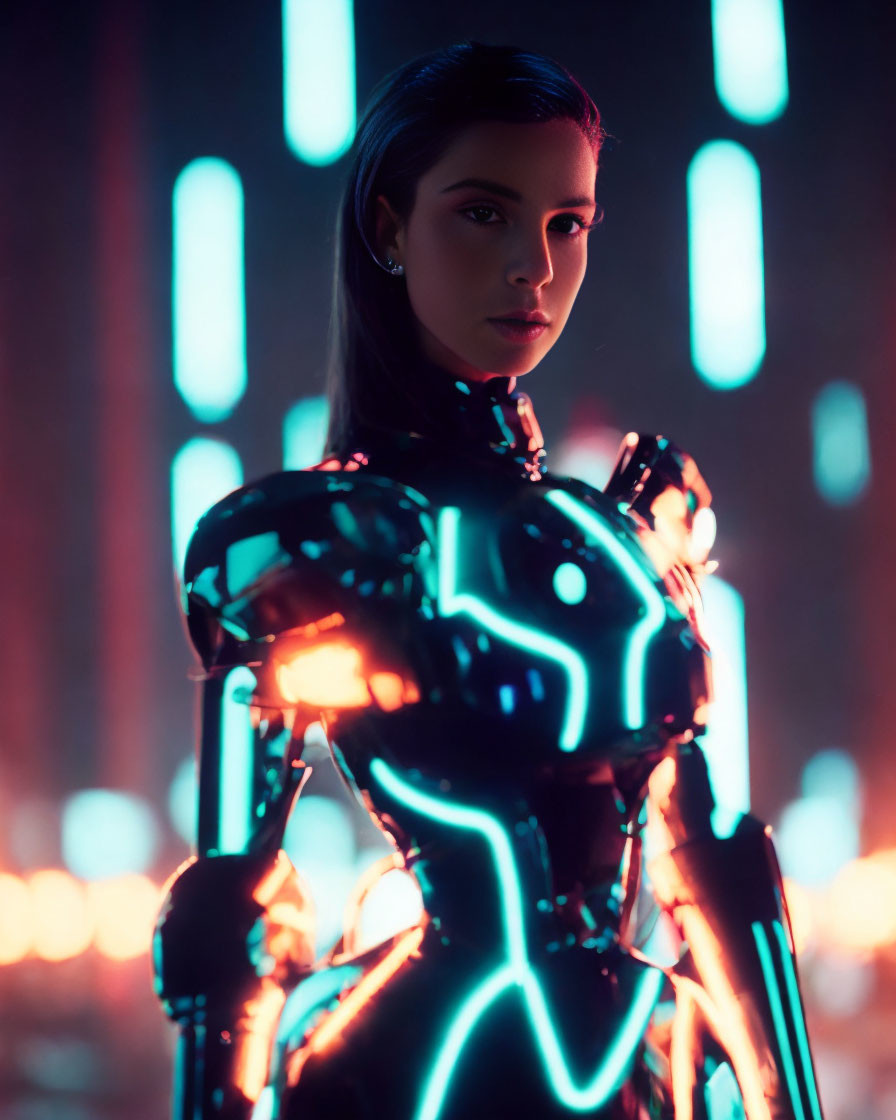 Futuristic woman in black bodysuit with neon accents on blurred background