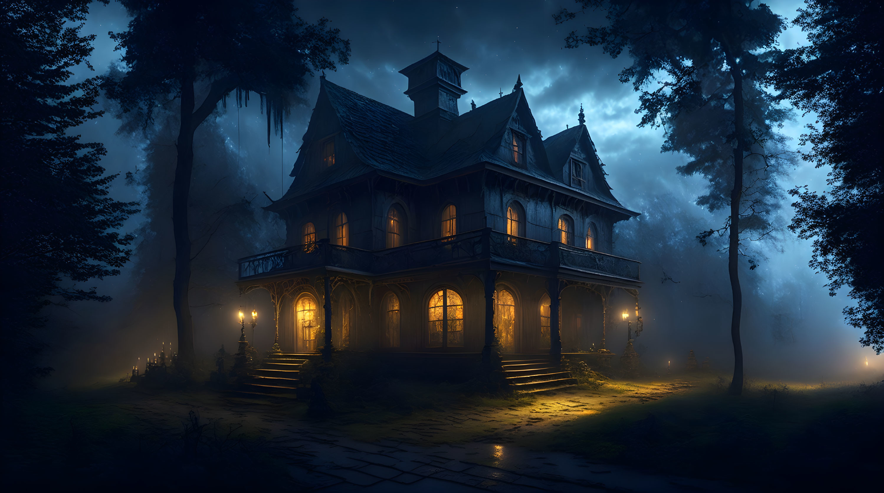 Spooky two-story house in misty forest at night