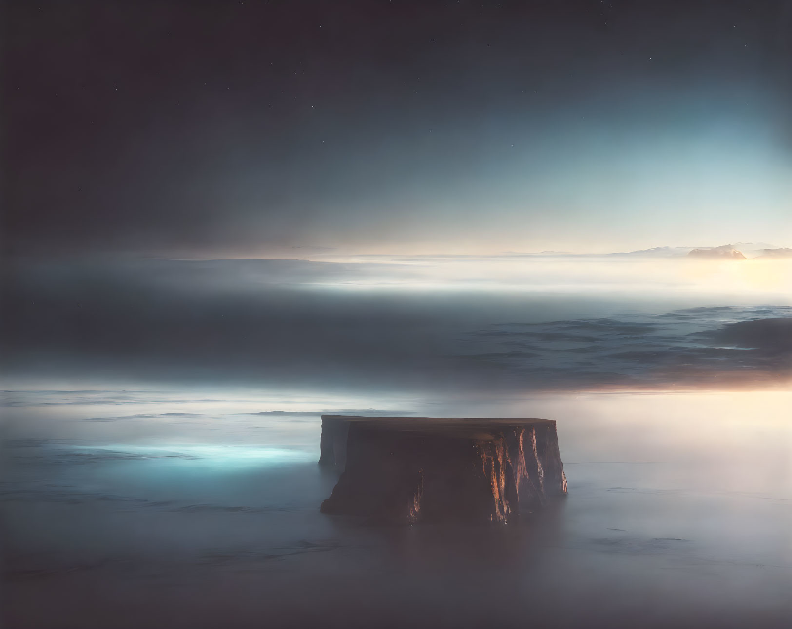 Tranquil landscape with table-like rock in misty setting