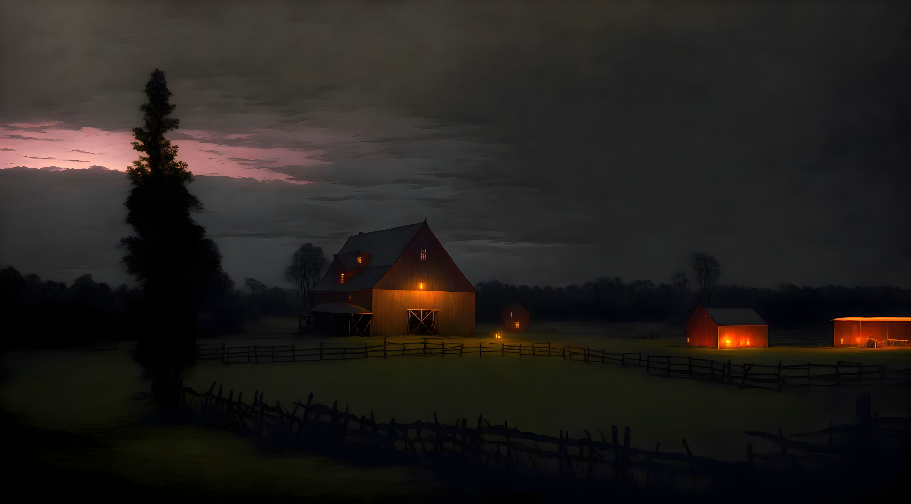 Nocturnal farm scene with glowing barn windows under moody sky