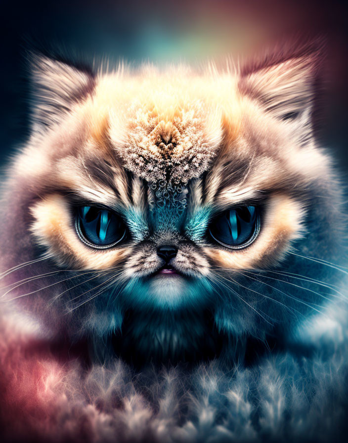 Intense gaze cat digital artwork with blue eyes