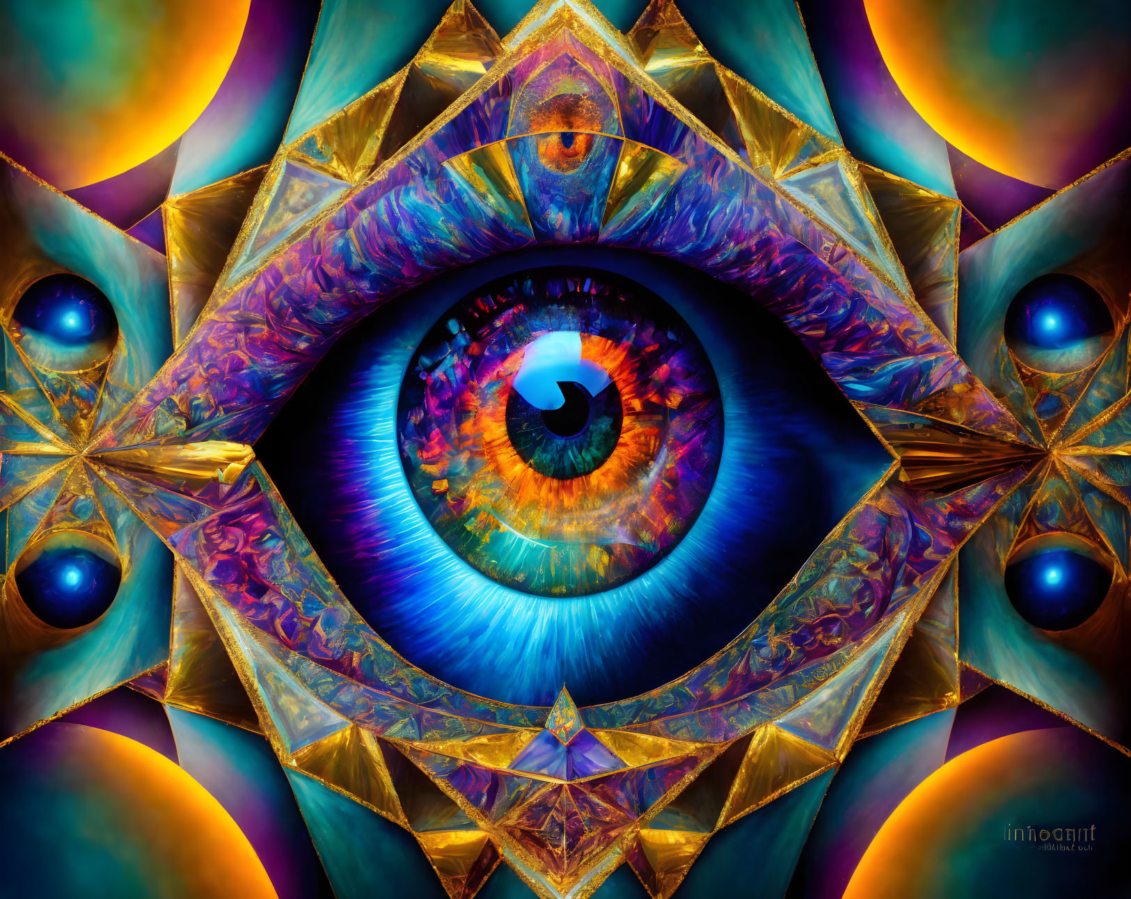 Symmetrical eye-centered digital artwork with fractal textures and iridescent colors