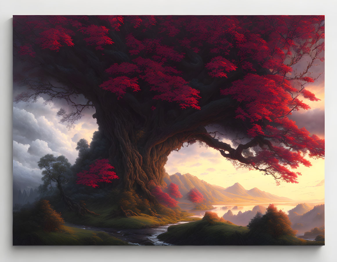 Majestic ancient tree with vibrant red leaves in serene landscape