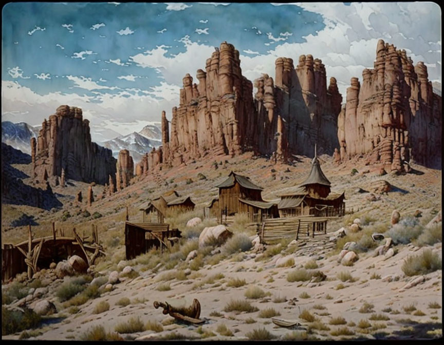 Deserted wooden town in rugged desert with rock formations, clouds, and mountains