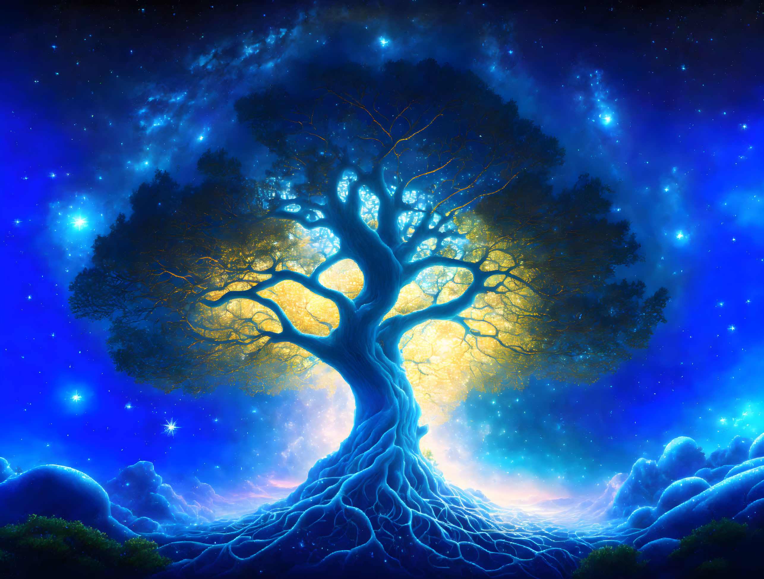 Mystical tree illustration with glowing branches under starlit sky