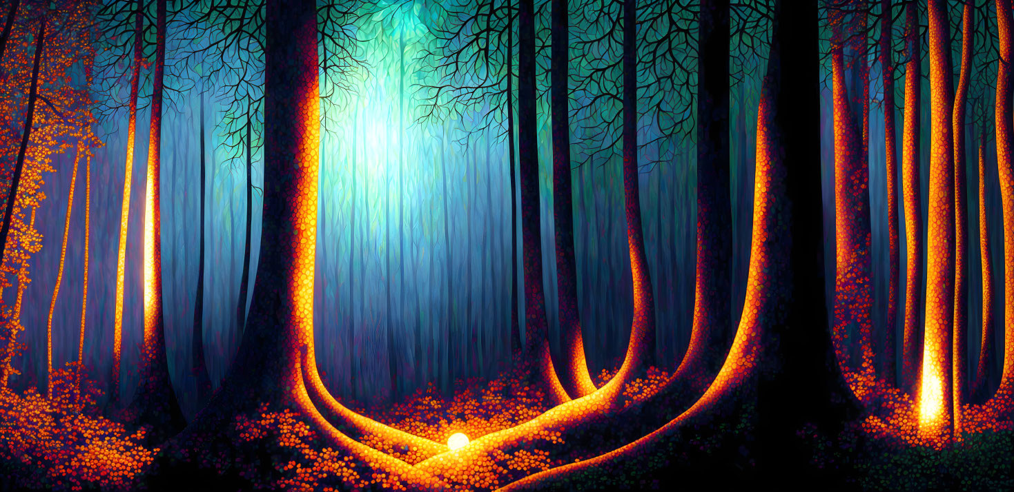 Nighttime forest scene with glowing blue and orange hues and mystical light