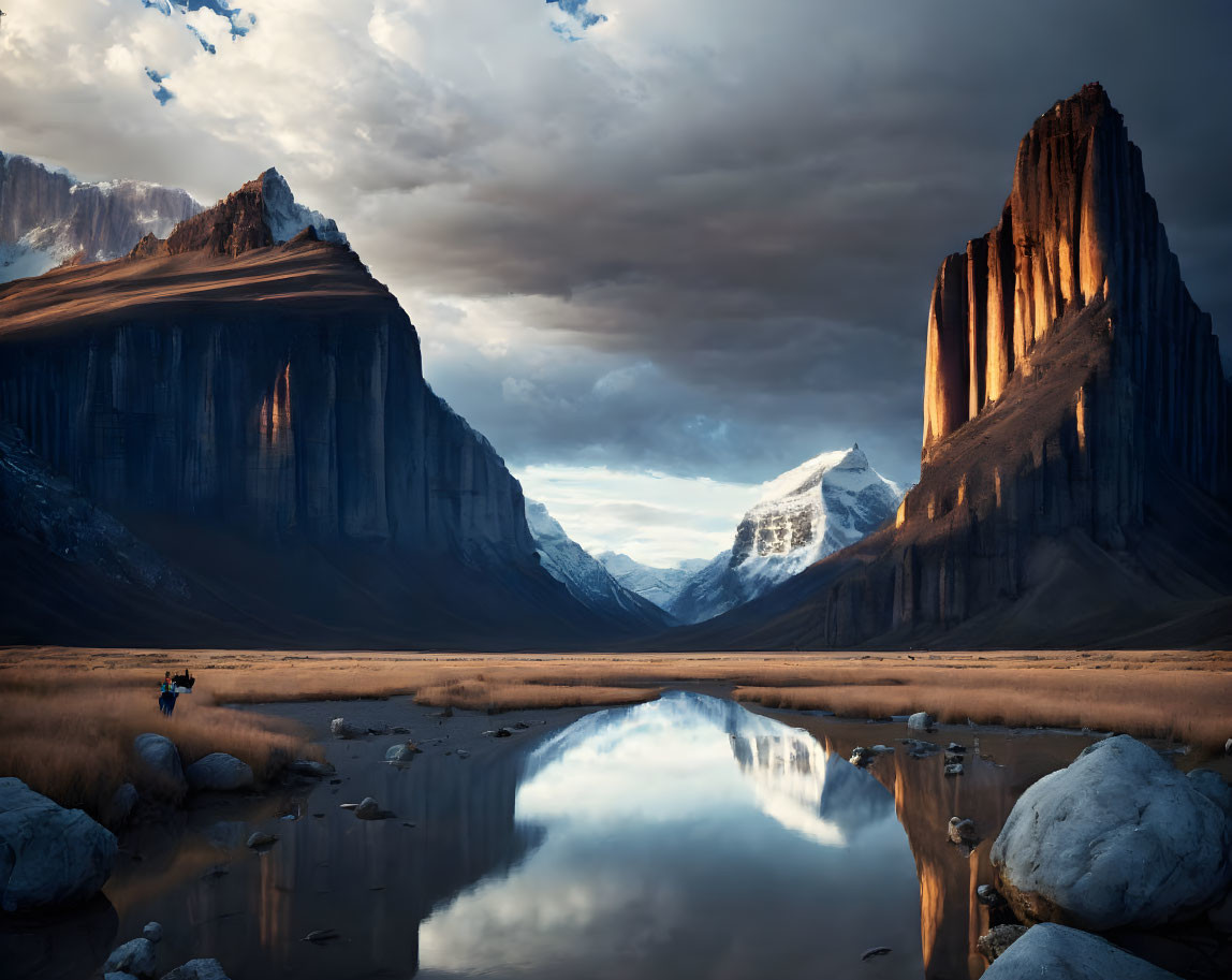 Tranquil landscape with towering rocks, reflective water, sunlight, and lone figure