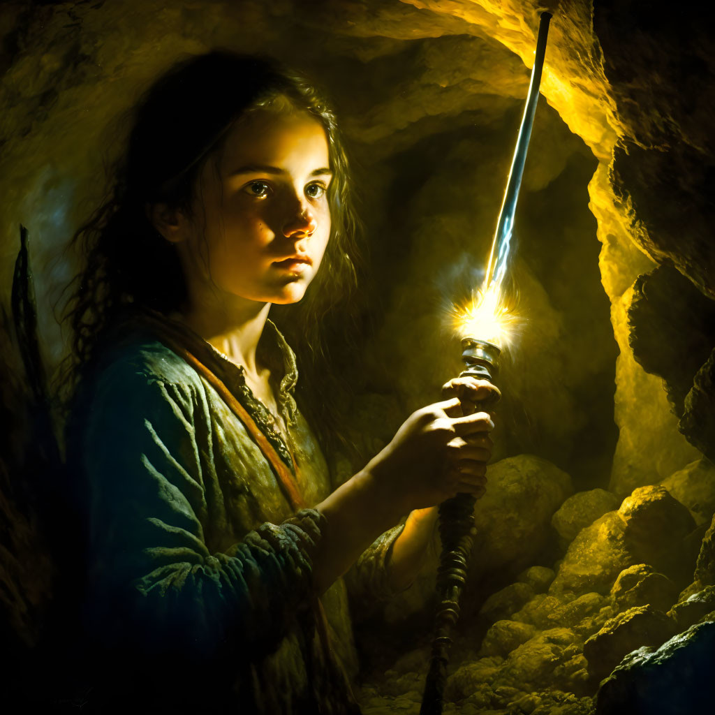 Young girl in cave with lit spark-emitting staff and determined eyes.