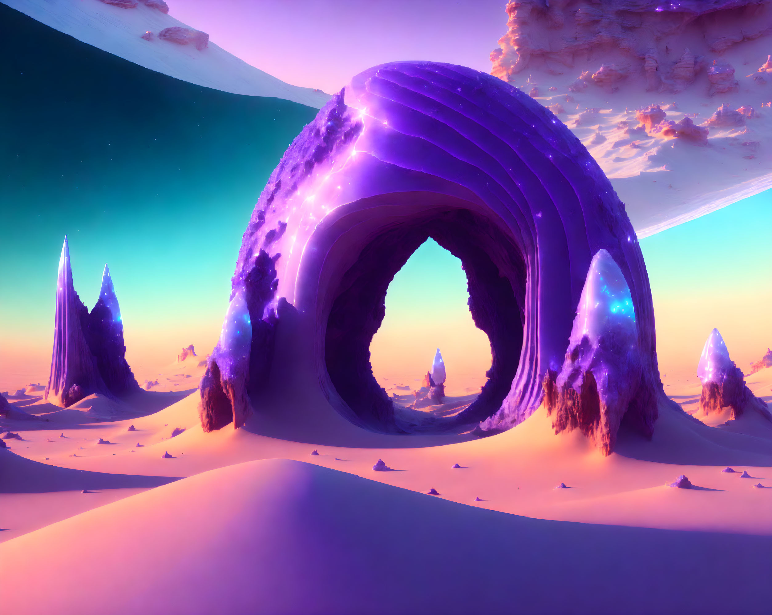 Vibrant surreal landscape with purple archway and sparkling formations