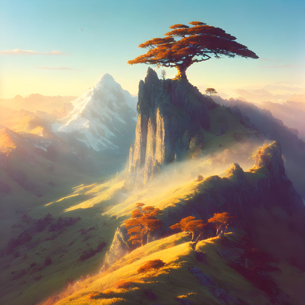 Majestic tree on cliff overlooking lush valley, waterfalls, mountains