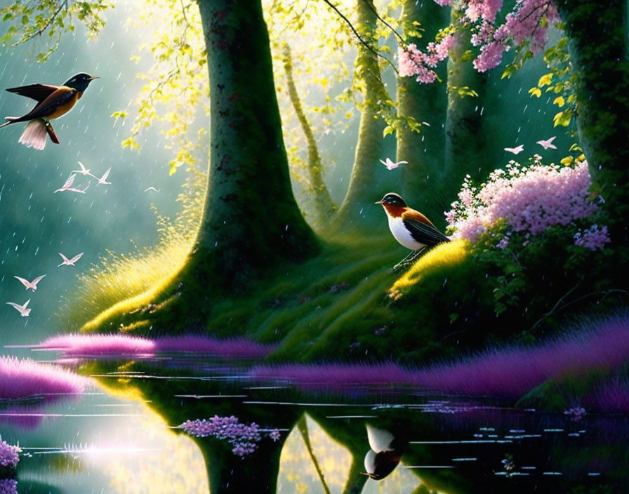 Tranquil forest landscape with birds, flowers, water, and sunlight