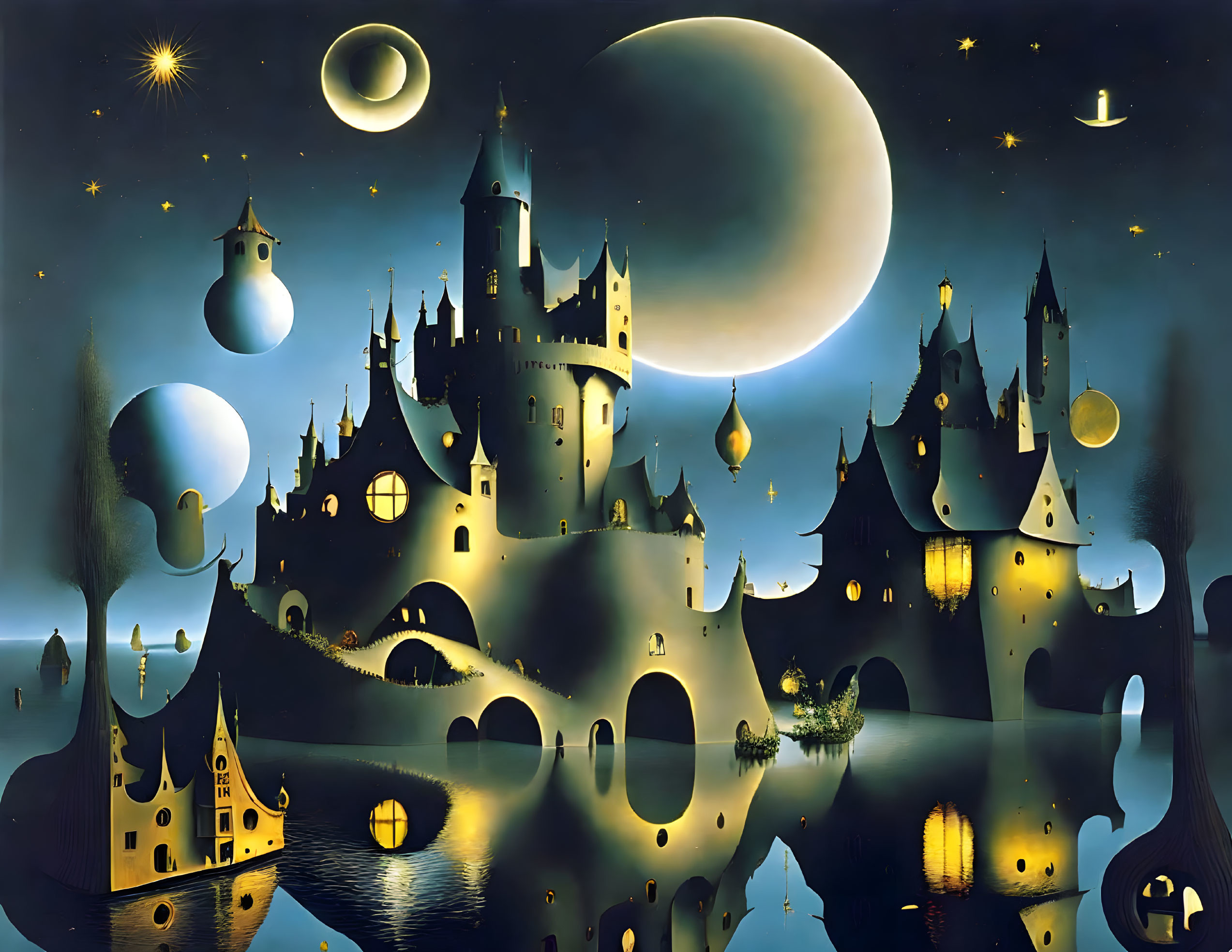 Enchanting nightscape with castle, celestial bodies, and crescent moon