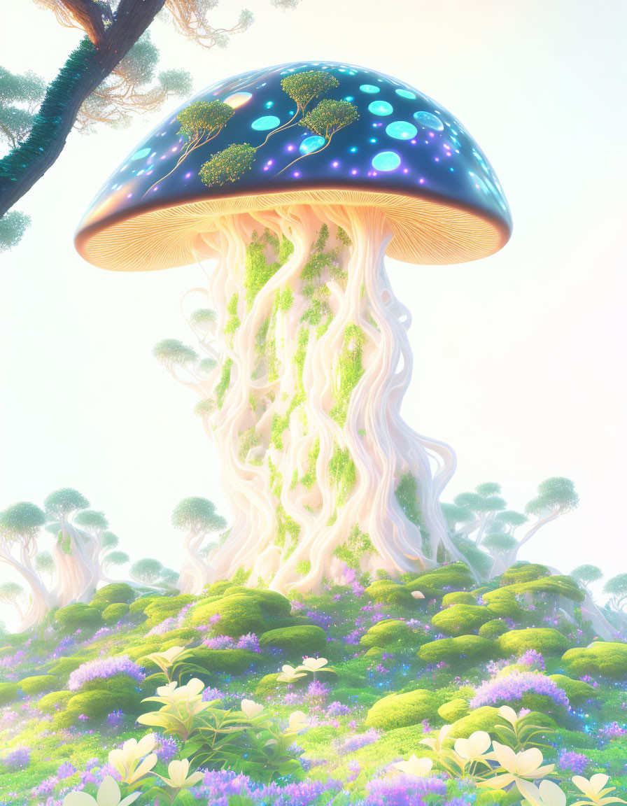 Fantasy illustration: Giant glowing mushroom in lush forest scene