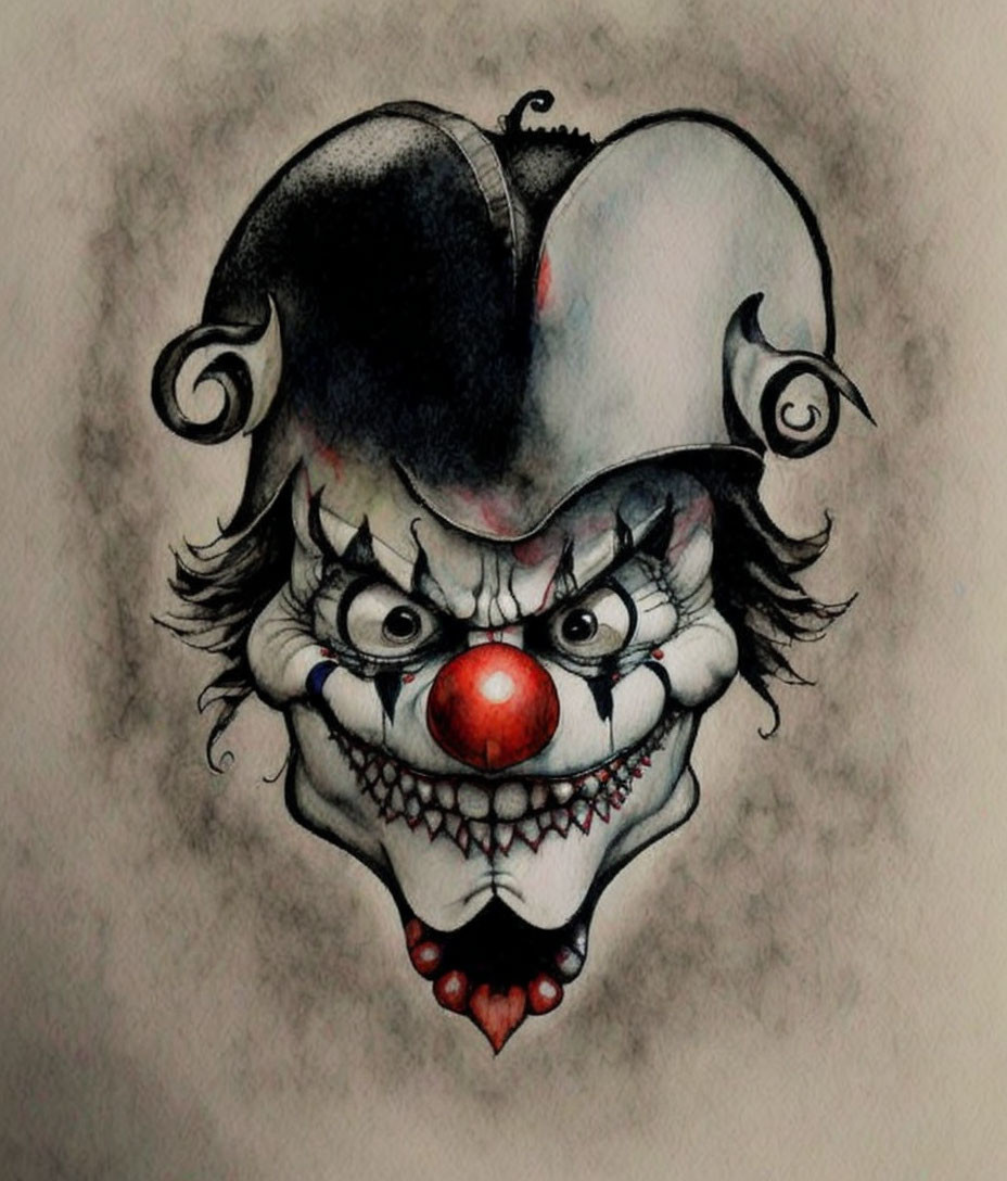 Sinister clown drawing with menacing grin and jester's hat