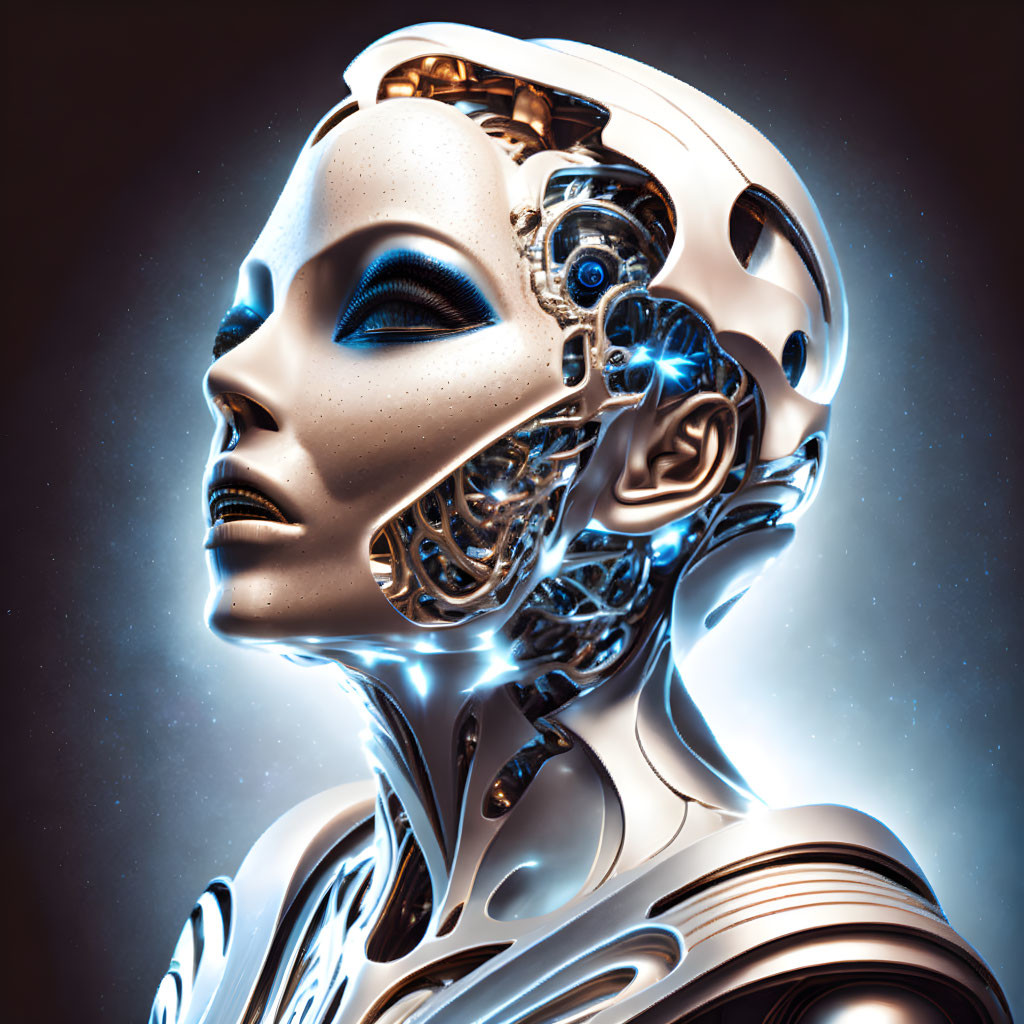 Detailed half-head mechanics of futuristic female robot with blue lighting