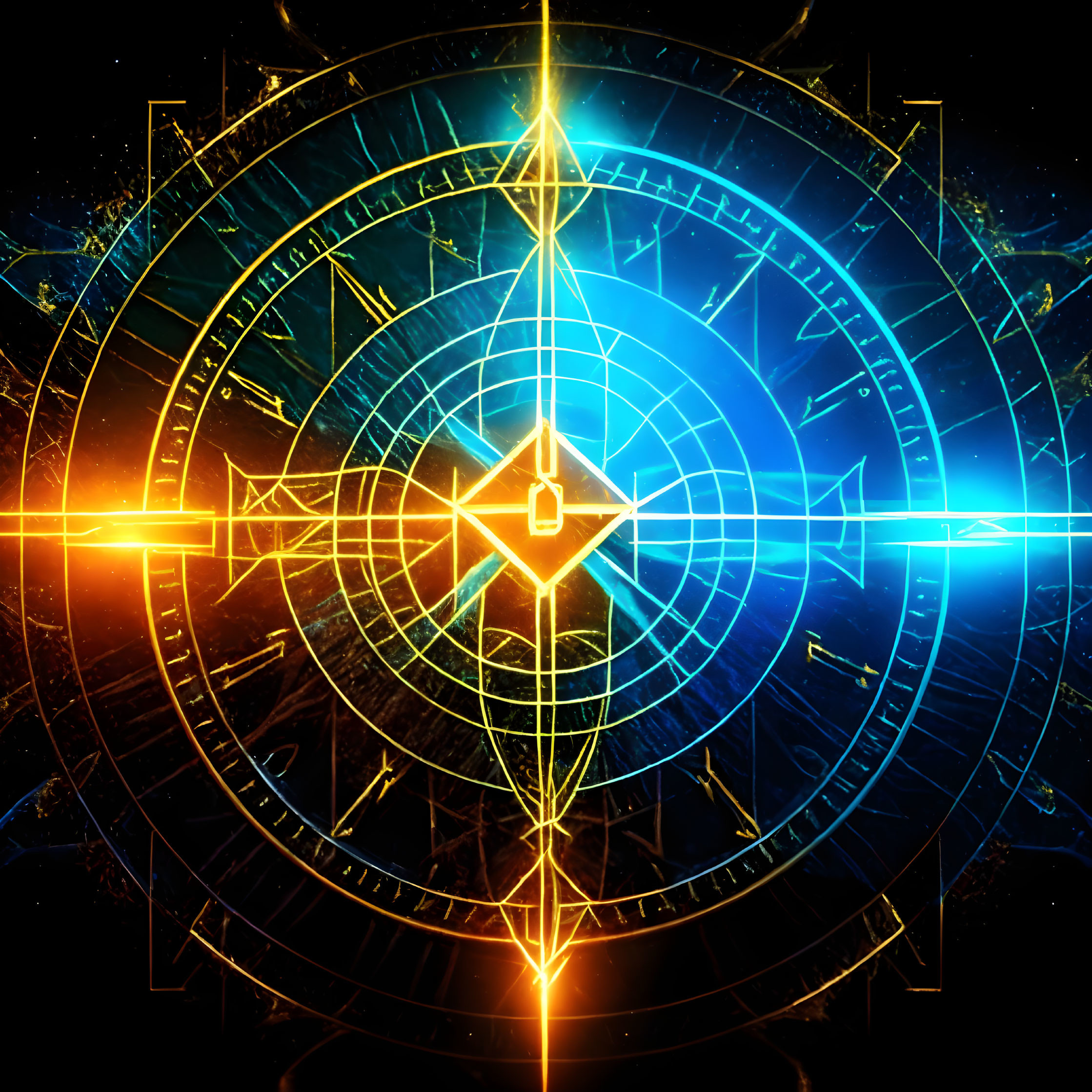 Mystical compass digital illustration with intricate blue and golden glow