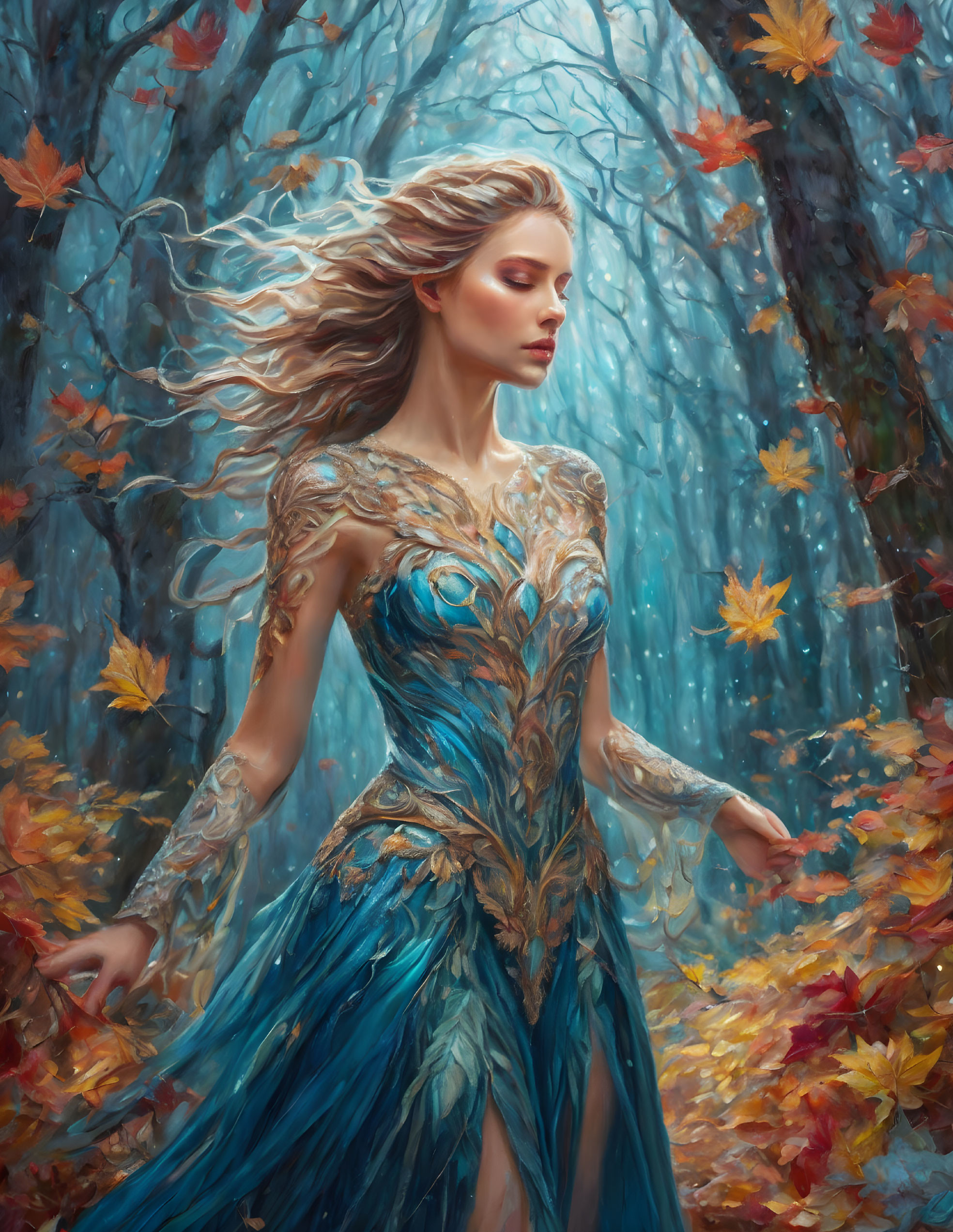 Woman in Blue Gown Walking in Autumn Forest