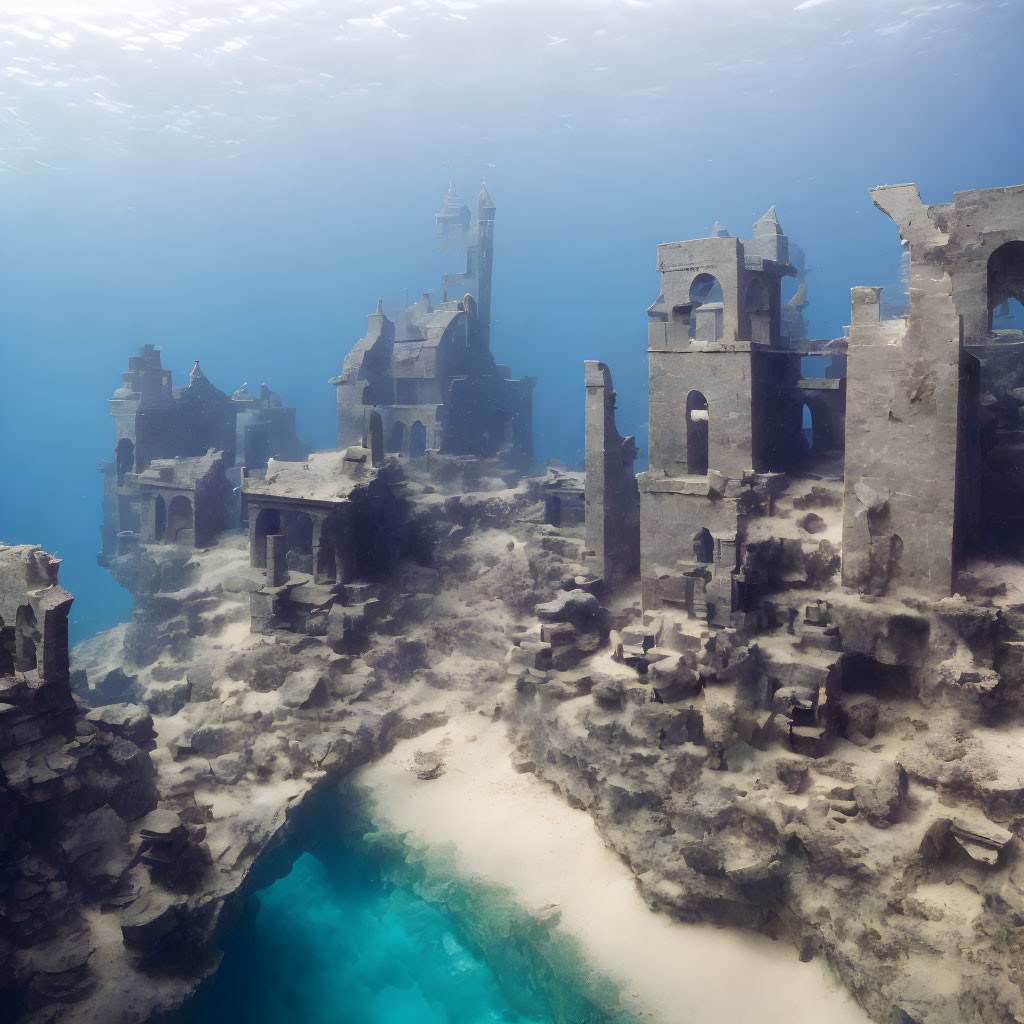 Sunken ruined cityscape with clear blue waters and lighthouse