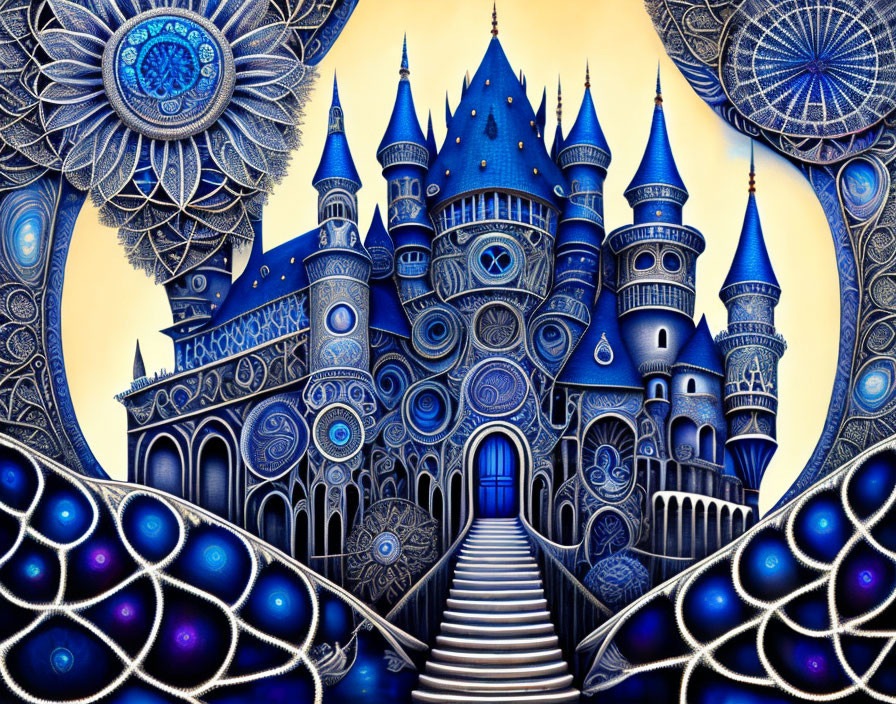 Majestic castle with blue motifs and whimsical designs